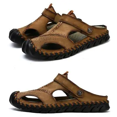 Summer Men Sandals Leather Slip On Slipper Roman Shoes Outdoor Flip Flops Casual • £36.60