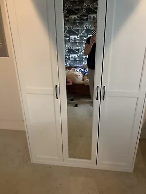 £150 • Buy Songesand IKEA Wardrobe White Panel 3 Door With Mirror Adjustable Shelves/Rail