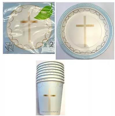 Boys Blue Gold Cross Party Tableware Christening 1st Holy Communion Party Decor • £2.98