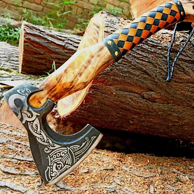 Custom Fordged Hand Made High Carbon Steel Axe Wood Handle With Leather Shealth • £54.90