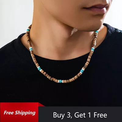 Mens Beaded Necklace Wooden Turquoise Necklace Boho Punk Hip Hop Jewellery Gifts • £4.89