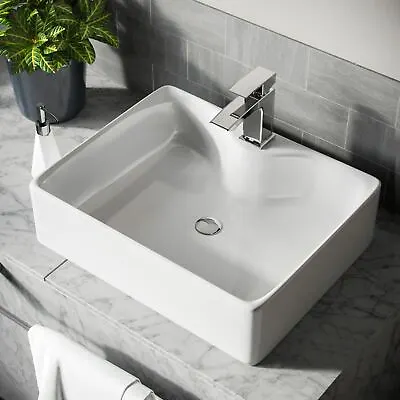 Bathroom Basin Sink White Ceramic Countertop Rectangular Gloss White 485x375mm • £33.50