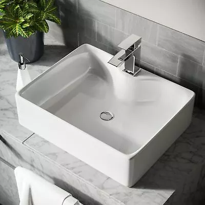 Bathroom Basin Sink White Ceramic Countertop Rectangular Gloss White 485x375mm • £33.50