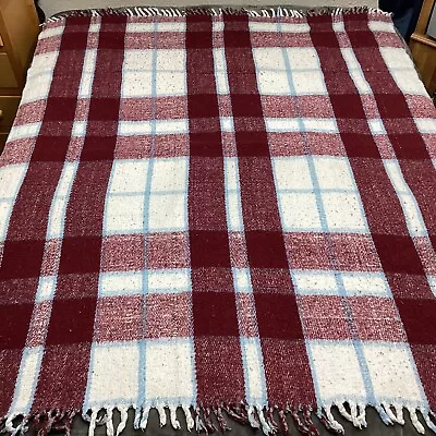 Vintage Heavy Wool Mexican Queen Size Throw Blanket Plaid Reversible 74x60 In • $149.90