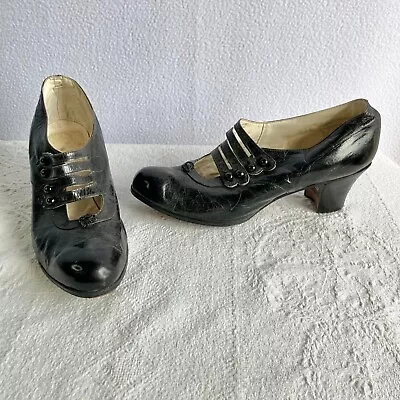 Vintage 1920s Black Leather Button Close  Beaded Pumps Shoes Size 5 1/2 • $145.26