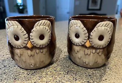 Vintage Grasslands Road 3D Hand Painted Owl Mugs Cups Ceramic Earthenware Set/2 • $16.99