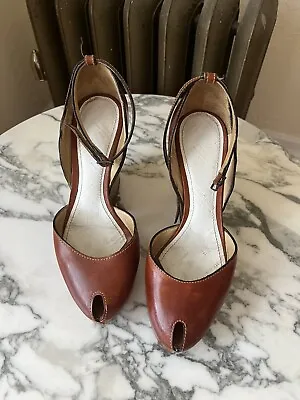 Maison Margiela Peep-Toe Platforms W/ Ankle Straps Cognac Leather • $445