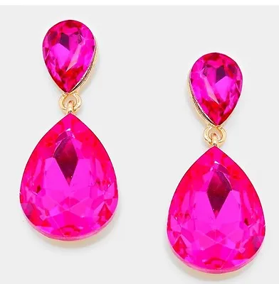 1.75  Drop Long Gold Hot Pink Fuchsia Rhinestone Dangle Crystal Prom Earrings • $13.50