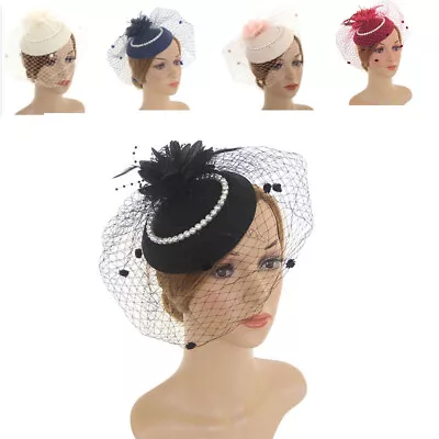 Women Party Hat Headband Clip Prom Race Royal Ascot Retro Pearl Veil Fascinator • £6.54