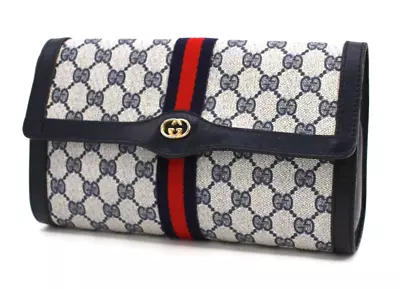 Gucci Vintage Bag Clutch Handbag Purse Sherry GG Supreme Navy Medium Authentic • $288.99