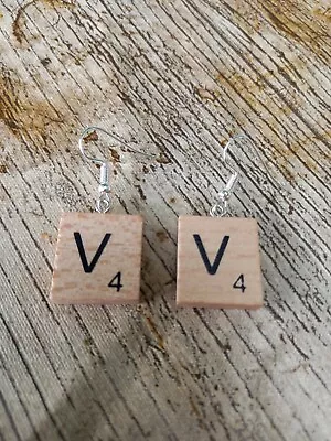 Handmade Cute Scrabble Letter V Earrings Unique Wooden Gift Personalised Name • £3.97