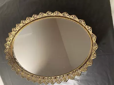 Vintage 16x12” Oval Mirror Vanity Tray  Gold Filigree Ornate Perfume Dresser • $29.99