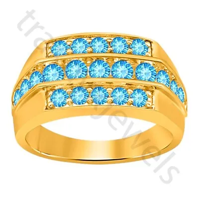 1.50 Ctw Created Blue Topaz 14K Yellow Gold Over Stepped Triple Row Men's Ring • $128.14