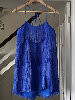 ZARA Cobalt Blue Fringed Mini Dress Size L Bloggers Fave • £49.99