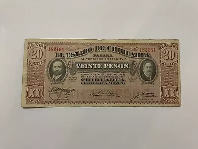 MEX Bank Notes: El Estado De Chihuahua 20 Peso 1915 Series K No. 182161 U-TR • $3