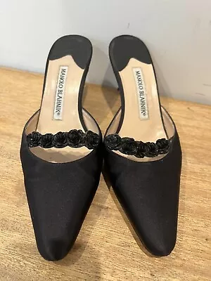 Vintage Manolo Blahnik Black Satin Floral Sequin Mules Heels Rosette 35 1/2 • $95