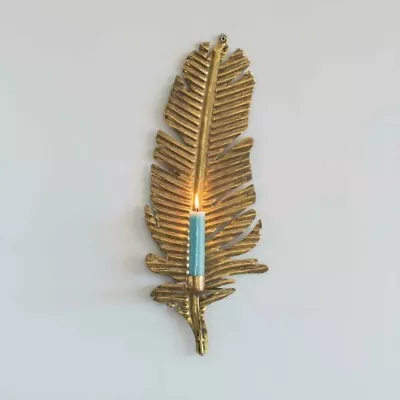 Gold Feather Wall Candle Holder Vintage Candlestick Holder Home Wedding Decor • £19.95