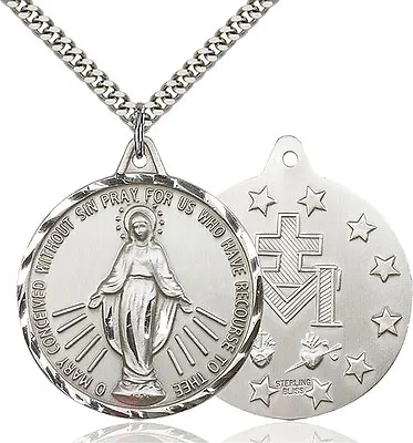 Mens Sterling Silver Our Lady Grace Miraculous Virgin Mary Round Medal Necklace • $144