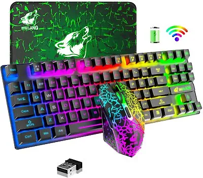 Wireless Gaming Keyboard And Mouse Rainbow LED 87 Key For PC MAC Laptop PS4 Xbox • £29.99