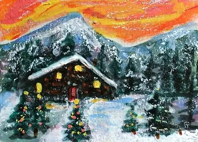 ACEO Original Winter CABIN Trees PAINTING Snow Mountain Landscape Sunset ATC ART • $15.99