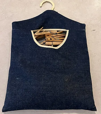 Vintage Denim Clothespin Holder Hanging Bag 70s 80s With Clothespins • $22.47