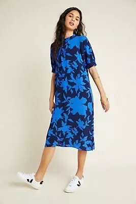 Anthropologie McKenzie Mock Neck Midi Dress Small Blue Floral Short Sleeve • $53