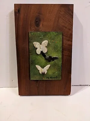 Vintage Wood Copper & Enamel Elly Edwards Butterfly Plaque 7x11 • $29.99