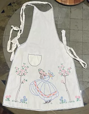 Vintage Hand Embroidered Full Apron Lady Bonnet Trees Flowers Pocket Blue Hem • $25