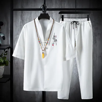 Chinese Style Men Short Sleeve T-Shirt Long Pants Two Piece Ethnic Tang Suit • $45.89