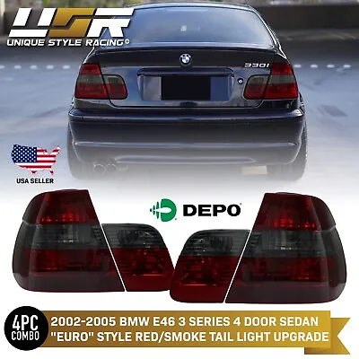 DEPO Euro Red/Smoke/Red Rear Tail Light For 02-05 BMW E46 3 Series 4 Door Sedan • $154.96