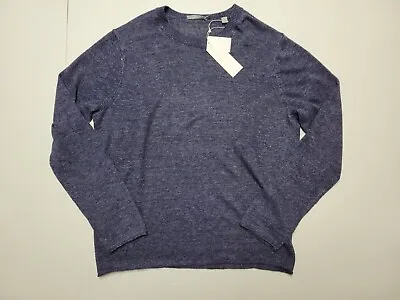 $153 • Buy VINCE Large Blue Open Knit Linen Pullover Raw Edge Crew Neck Men's Sweater $295