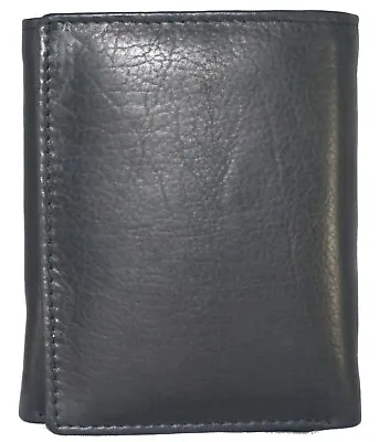 Mens Black Solid Cow Leather Tri-Fold Casual Dress Heavy Duty Wallet 14BK • $11.55