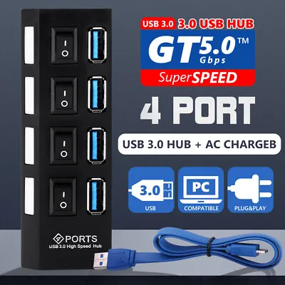 $15.95 • Buy 4 Port 3.0 USB HUB Powered High Speed Extender Cable Adapter Multiports For Win