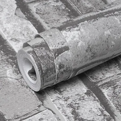 Grey 3D Brick Effect Wallpaper Realistic Slate Stone Grey Vintage Textured Decor • £5.99