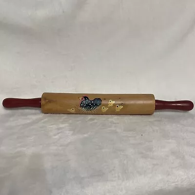 Vtg Rolling Pin Red Handles Chickens 10” Roll • $15