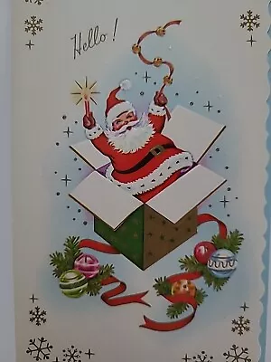 Vtg SANTA In Box W CHRISTMAS Ornaments & Bells Greeting CARD • $5