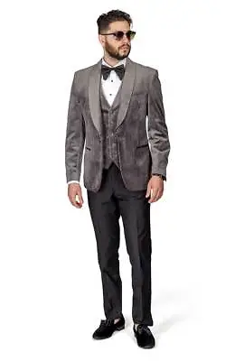 GREY Shawl Lapel VELVET 3 Piece Vested Slim Fit Tuxedo 1Button Black Pants AZAR  • $119