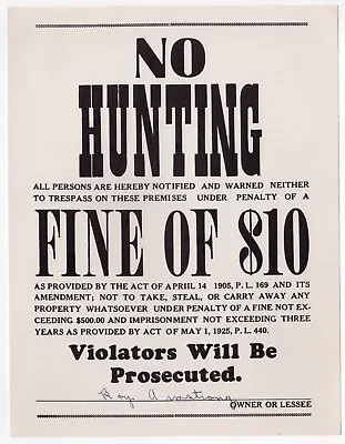 1905 Vintage No Hunting Cardboard Sign Butte Montana -  Rare Condition • $18.95