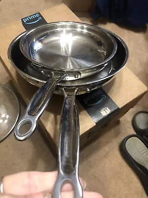 $45 • Buy Cuisinart 2- 10” 8 “ Frying Pan Skillet Stainless Steel  Lot Of 5 / 3 Lids