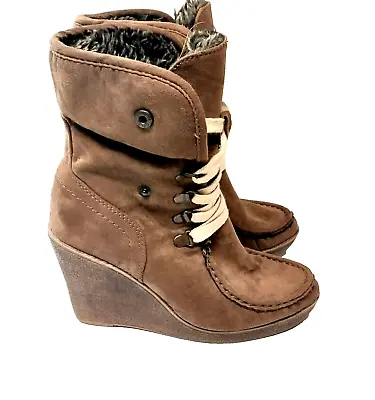 Mossimo Women's Ankle Wedge Heels Brown Suede Fur Lined Boots 7 • $19.04