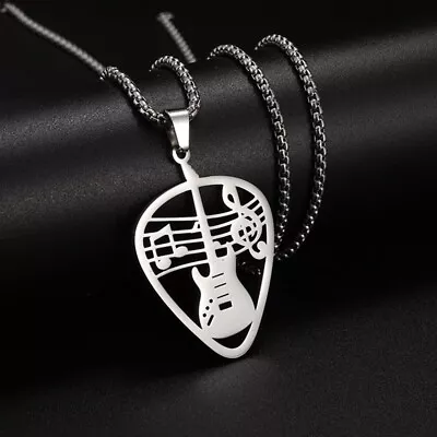 Guitar And Music Notes Stainless Steel Pick Shaped Pendant & Rope Chain Necklace • £5.99