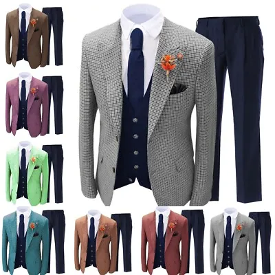 Men‘s 3 Pcs Suit Peak Lapel Plaid Groom Vintage Wedding Tuxedo Blazer+vest+Pants • $111.97