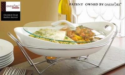 £69.99 • Buy 3L Porcelain Casserole With Food Warmer Chrome Twin Tealight Candle Stand Buffet