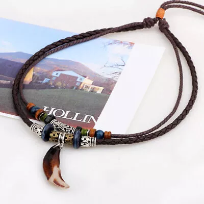 2023 Men's Bohemia Wolf Tooth Pendant Leather Beaded Weaved Necklace Jewelry • $8.79