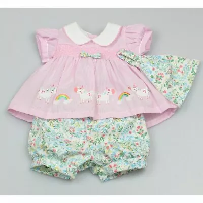 Newborn Baby Girls Clothes Unicorn & Rainbow Dress Shorts & Hat Pink 0 - 9 Month • £11.99