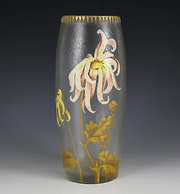 Mont Joye Art Glass Hand Painted Enamel And Gilt Vase Chipped Ice Texture C1920 • $558.45