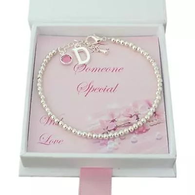 Birthstone Bracelet With Letter Charm. Gift For Daughter Mum Nanny Niece Etc • £10.99