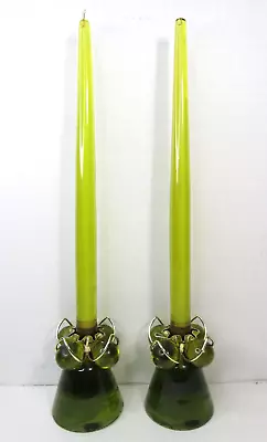 RARE Vtg Lucite Acrylic MCM Taper Candle 13  Geen Floral Holder Base Metal Trim • $59.97