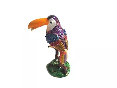 Bejeweled Toucan Big Mouth Bird Hinged Metal Enameled Rhinestone Trinket Box • $22