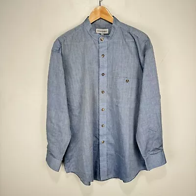 Yves Saint Laurent Band Collar Button Shirt Men 16.5 32/33 Large Blue Striped • $26.90